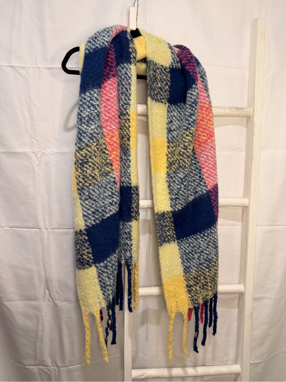 Vince Camuto Navy, Yellow & Pink Plaid Fringe Scarf